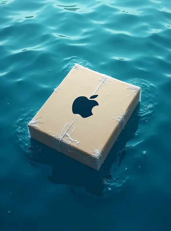 Digital illustration showing an Apple Airtag attached to a package floating in the ocean.