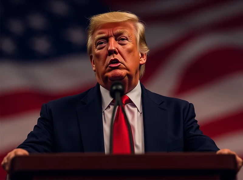 Illustration of Donald Trump speaking at a podium with the American flag in the background.