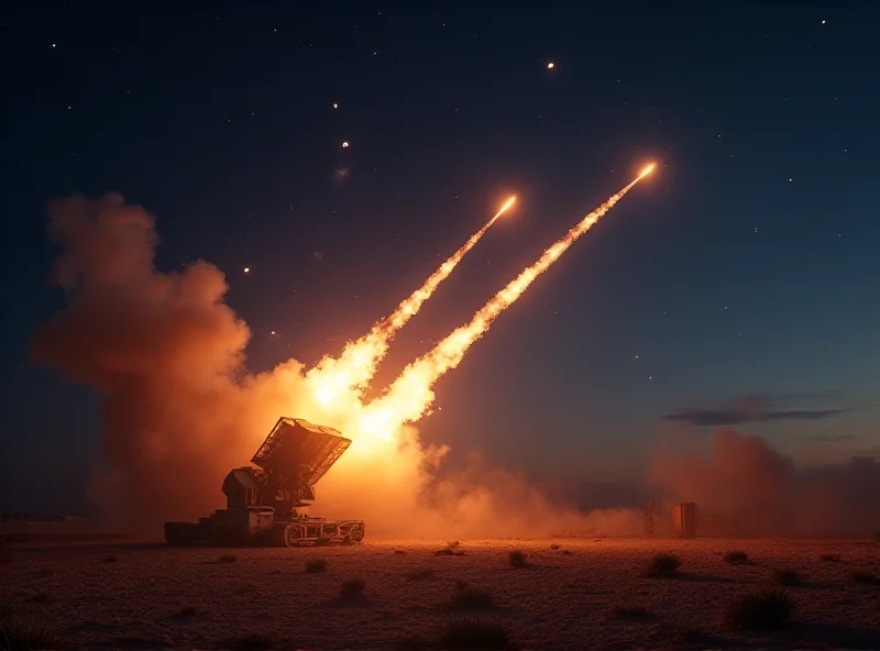 Digital rendering of an Iron Dome missile defense system intercepting incoming rockets in a desert environment at night.