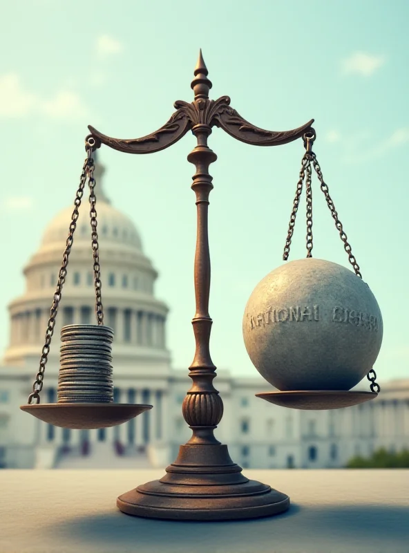 Illustration of a scale balancing debt and economic growth, with the US Capitol building in the background.