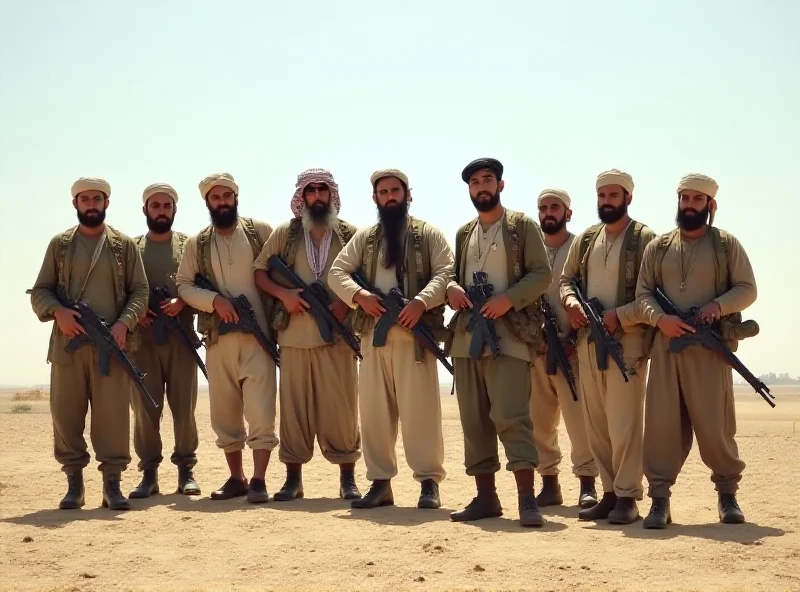 A group of Houthi fighters standing in the desert, holding weapons. The scene is dusty and conveys a sense of conflict.