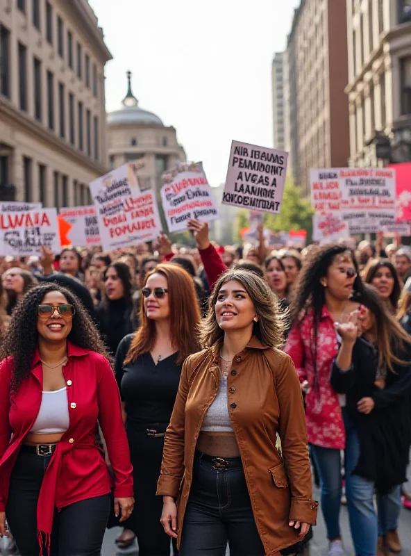 A diverse group of women marching for equal rights, holding signs with various feminist slogans.