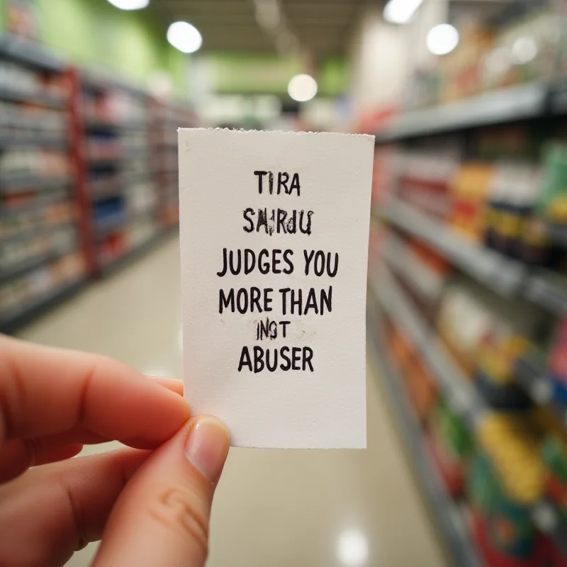 A person holding a shopping ticket with a feminist slogan printed on it, in front of a blurred background of a supermarket.