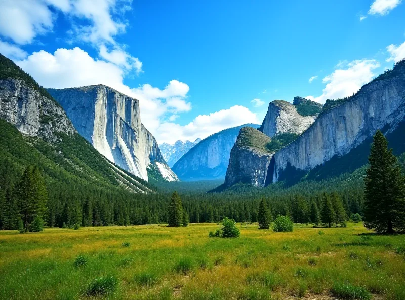 A sweeping vista of a national park landscape with mountains, forests, and a clear blue sky.