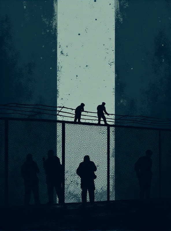 A stylized illustration of a border crossing, with a fence and shadowy figures in the background.