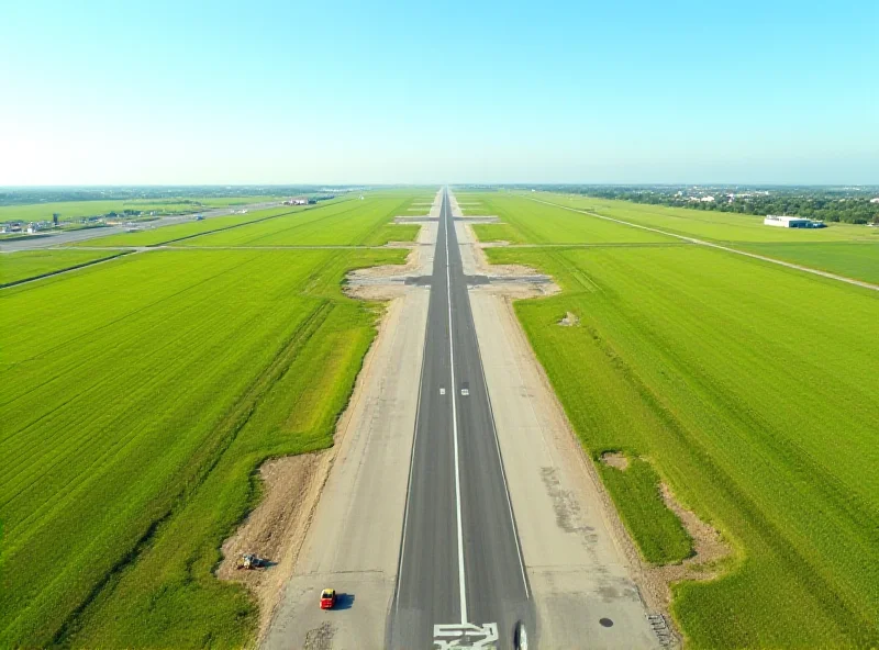 Aerial view of an airport runway with construction equipment nearby.