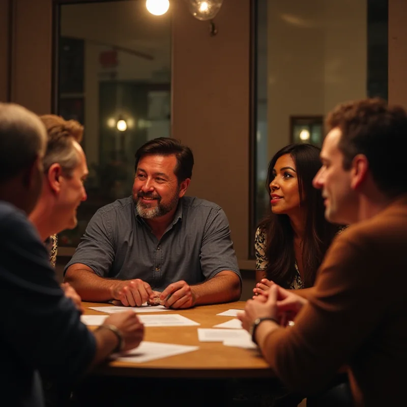 A diverse group of people discussing politics around a table, some laughing, some looking serious.