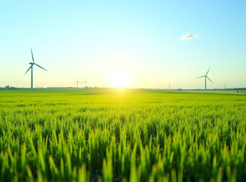 A vast field of crops with wind turbines in the background, suggesting sustainable agriculture.