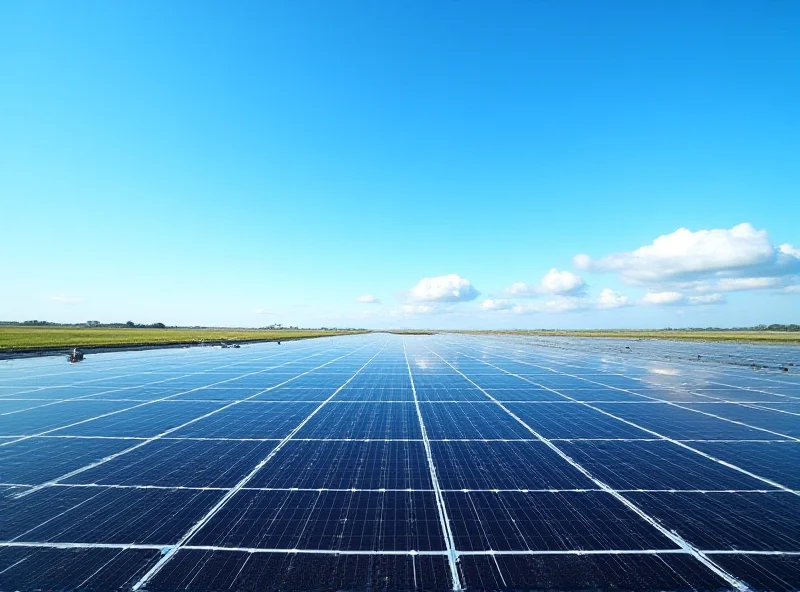 Solar panels in a field under a bright blue sky.