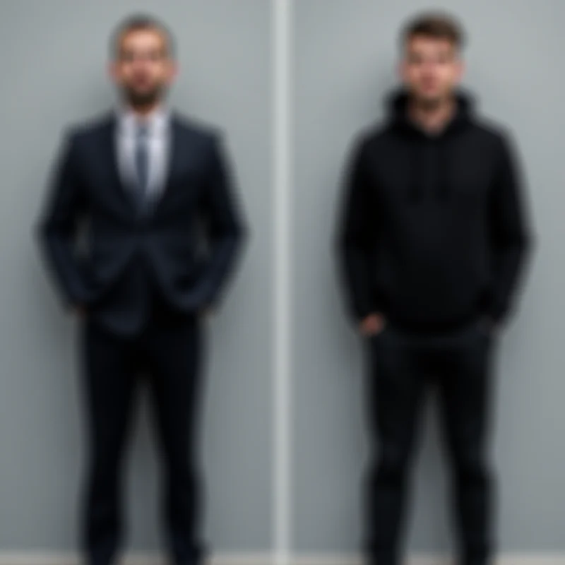 A split image. On one side, a man wearing a suit. On the other side, a man wearing a black hoodie.