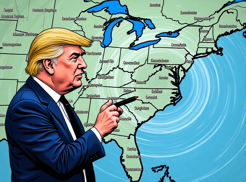 Illustration of Donald Trump drawing on a weather map with a black marker, with a stylized hurricane in the background.