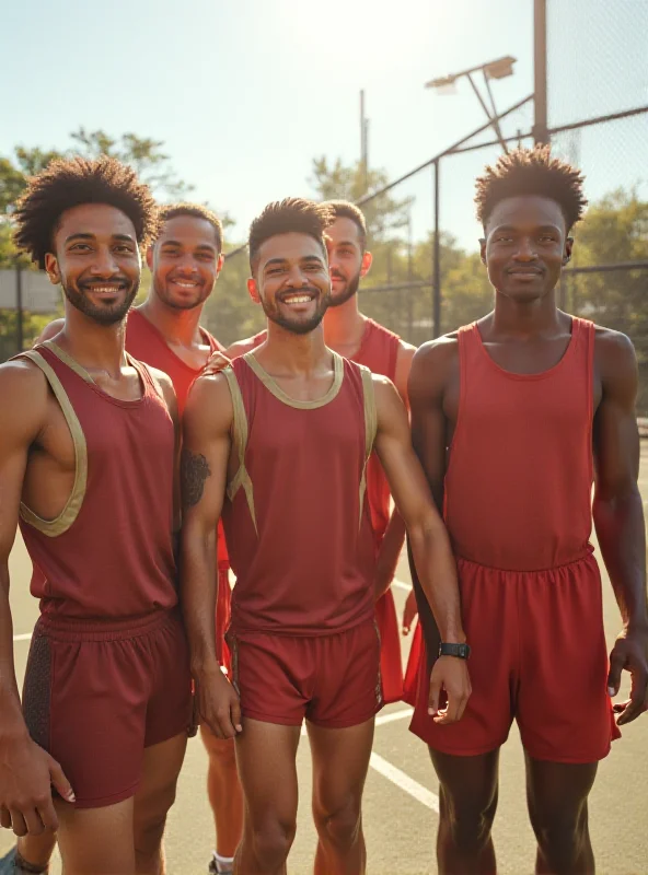 A diverse group of athletes, including transgender athletes, standing together in solidarity on a sports field.