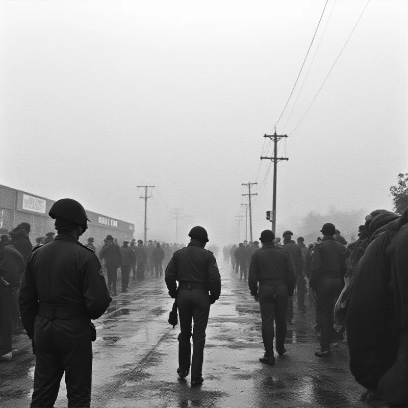 A black and white photograph depicting the Edmund Pettus Bridge in Selma, Alabama, with civil rights marchers being confronted by state troopers using tear gas and batons.