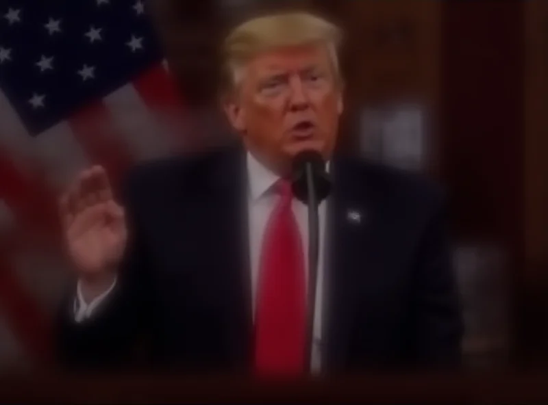 Donald Trump speaking at a podium with an American flag behind him.