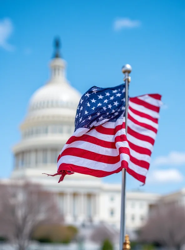 A close-up of the American flag waving in front of the US Capitol building.