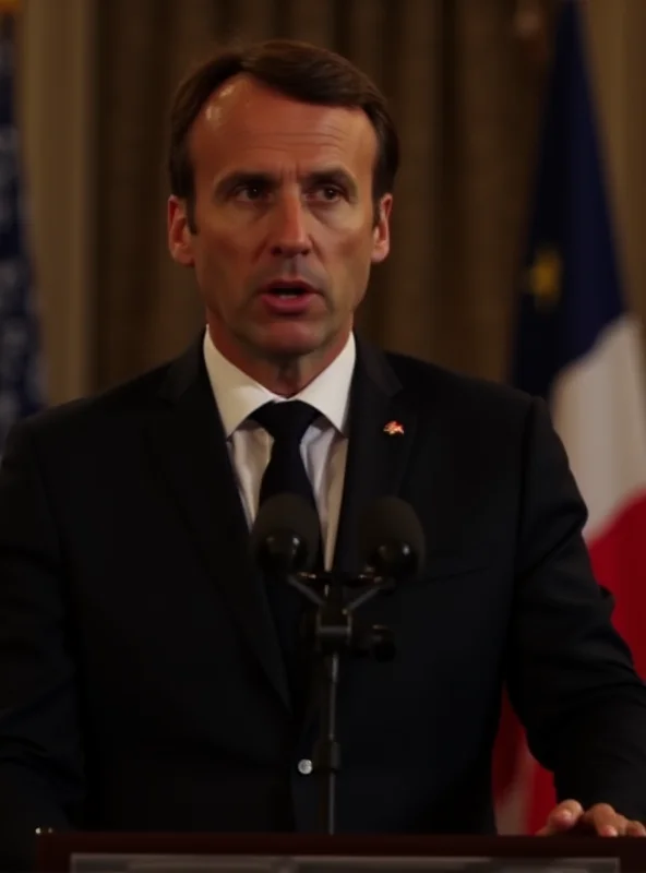 President Macron giving a speech with a serious expression.