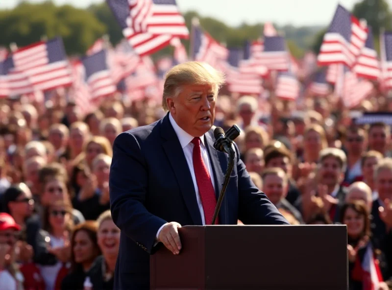 Donald Trump addressing a crowd with American flags waving in the background.