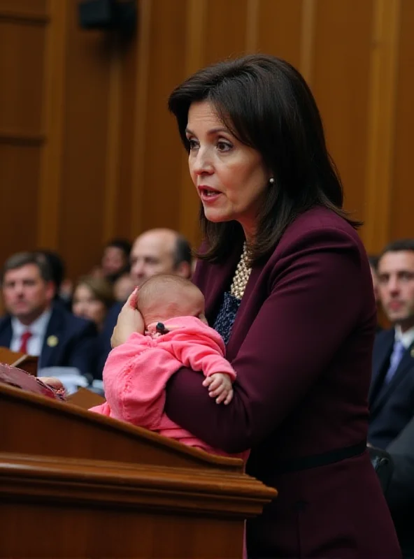 Boston Mayor Michelle Wu holding her baby daughter while speaking at a podium.