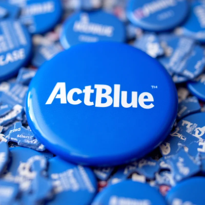 A stylized logo for ActBlue with a background of various campaign donation buttons.