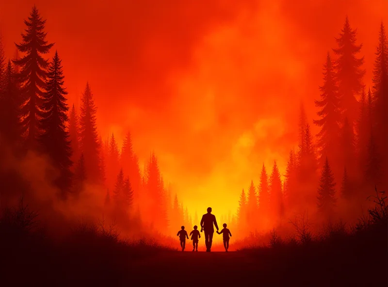 Illustration of a wildfire raging through a forest, with smoke billowing into the sky.