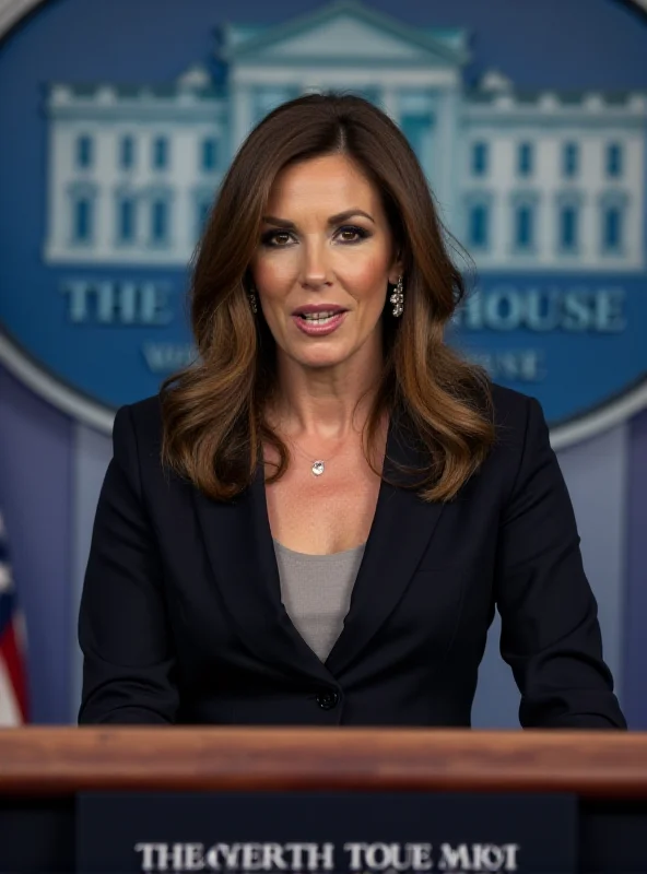 Karoline Leavitt at a press briefing, standing at the podium with the White House seal behind her.