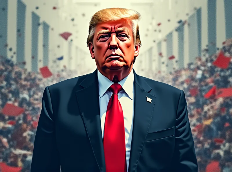 Illustration of Donald Trump in a suit standing in front of a chaotic background representing economic tensions and global conflicts.