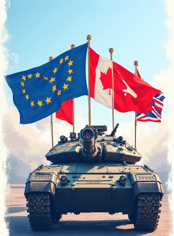 Digital artwork showing flags of the EU, United Kingdom, Canada, Turkey, and Norway arranged around a stylized image of military equipment.