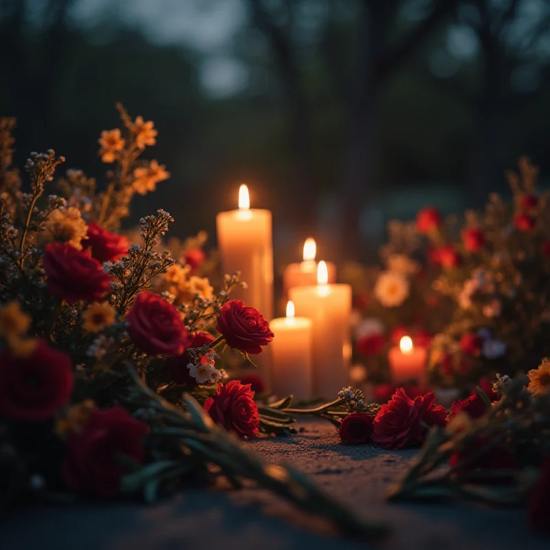 A somber image depicting a memorial with flowers and candles, symbolizing remembrance and mourning for victims of mass shootings in the United States.