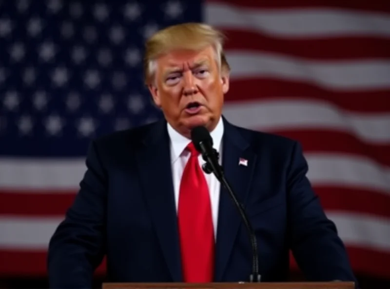 Donald Trump speaking at a podium with the American flag in the background