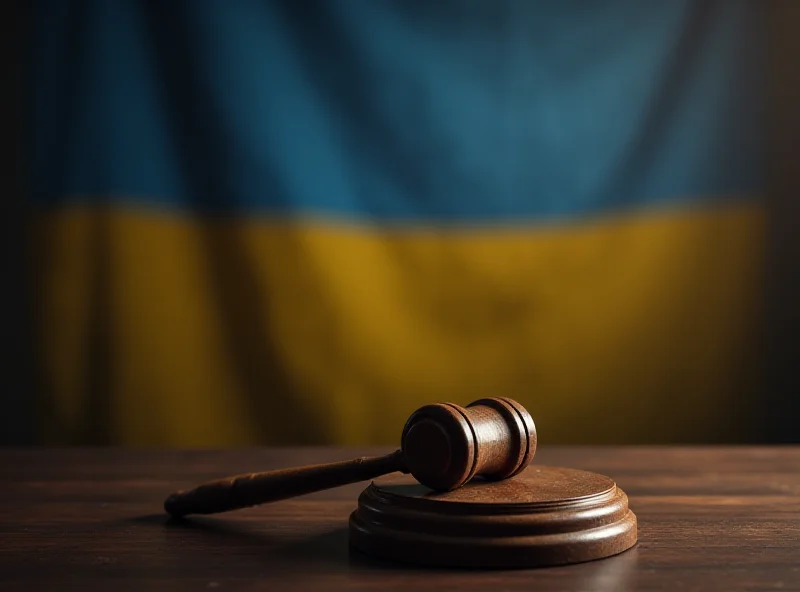 Illustration of a gavel and the Ukrainian flag.