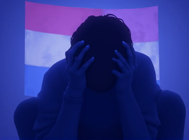 A person holding their head in their hands, representing depression, with a transgender flag in the background.