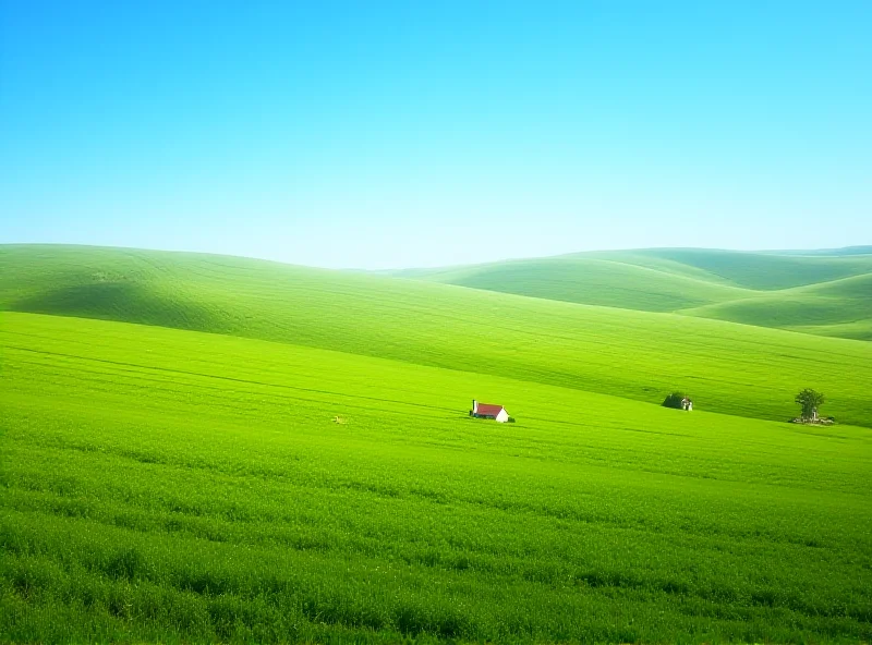 Rolling green hills of farmland under a bright blue sky, representing rural communities and the farm tax debate.