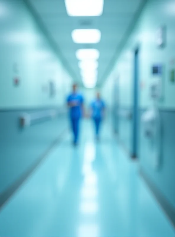 Interior of a modern hospital hallway with medical professionals in scrubs walking by, representing the NHS and healthcare system.