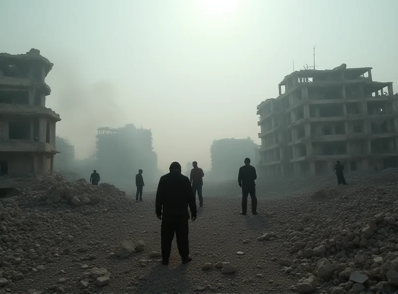 A tense scene in Gaza, with smoke rising in the background and people looking concerned.