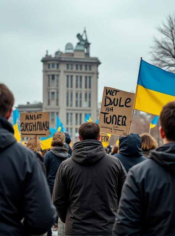 A group of Ukrainians standing together in Kyiv, holding signs and flags, expressing unity and resilience.