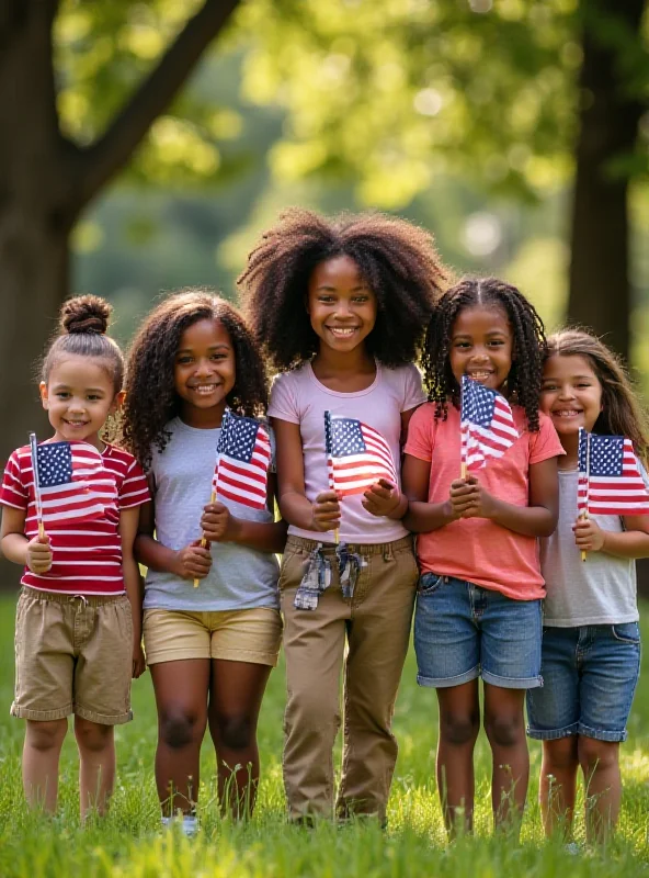 A diverse group of children of different ethnicities smiling and holding American flags.