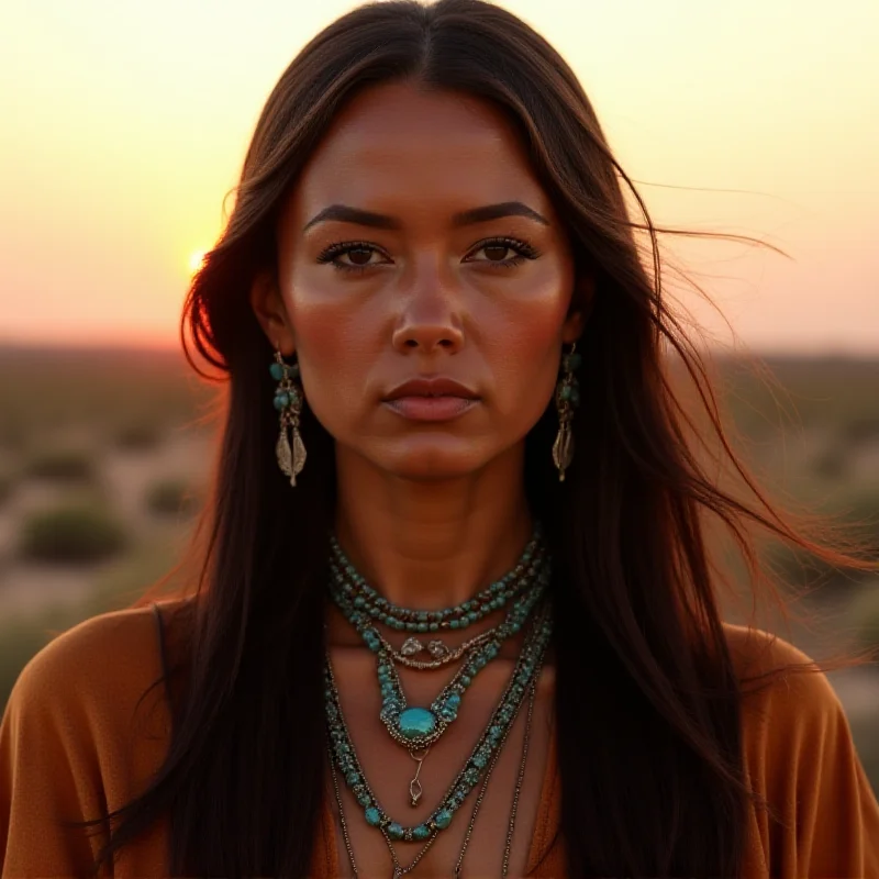 A solemn portrait of a young Native American woman with traditional clothing and jewelry.