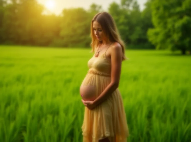 A pregnant woman standing in a field, looking concerned about environmental pollution.