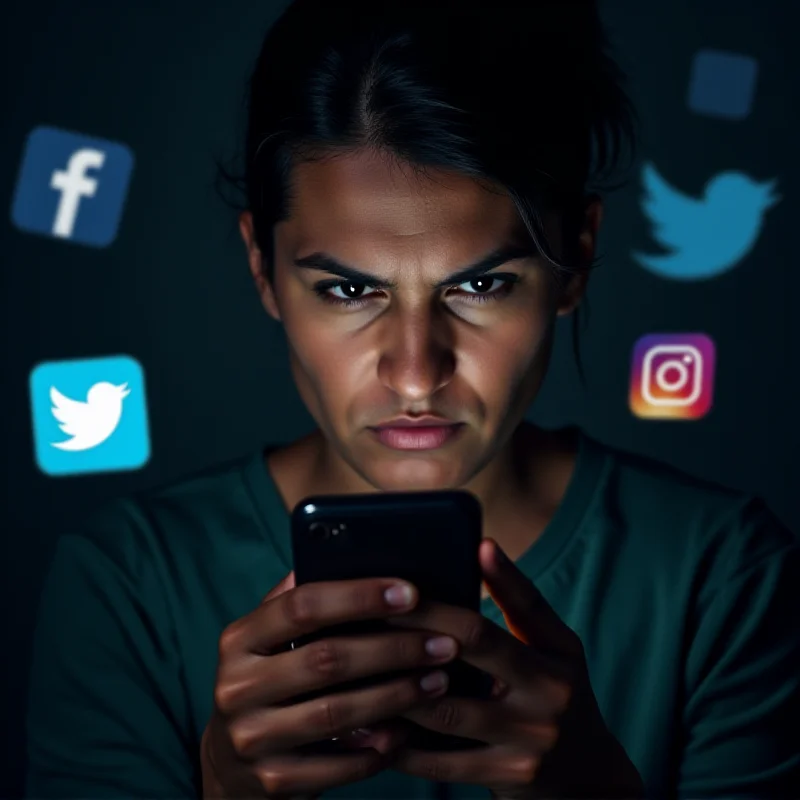 A person looking at their phone with a skeptical expression, surrounded by social media icons.