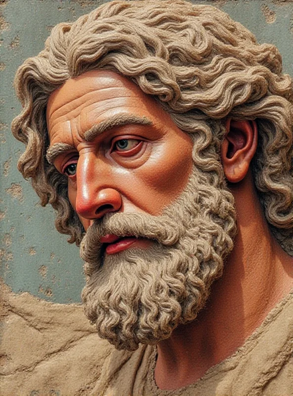 Close-up of a fresco fragment showing the face of Dionysus, with intricate details of his hair, beard, and a serene expression, set against a backdrop of faded colors and ancient textures.