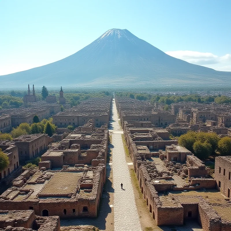 Aerial view of the ruins of Pompeii with Mount Vesuvius in the background.