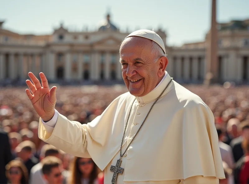 Pope Francis smiling and waving to a crowd.