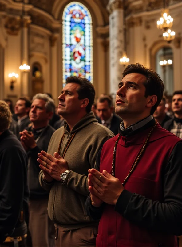 A group of people praying in a church.