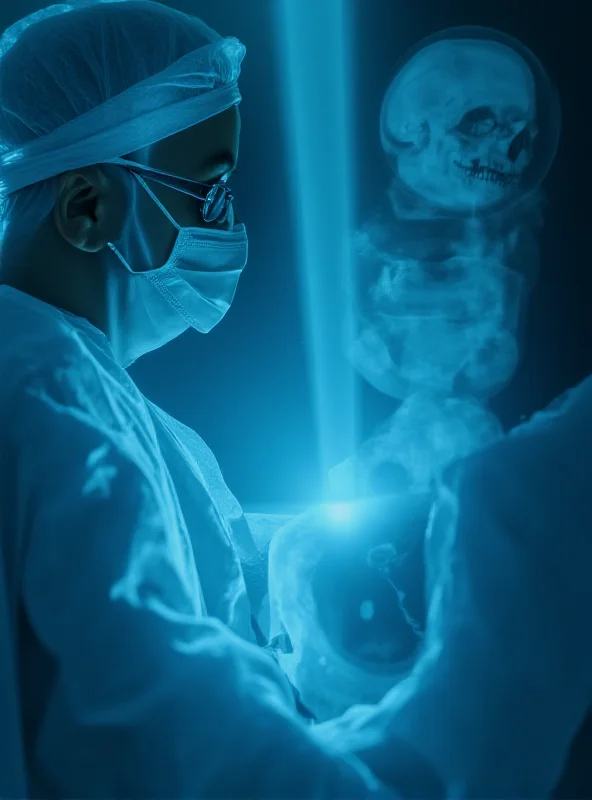 A doctor in a sterile hospital environment examining an x-ray.