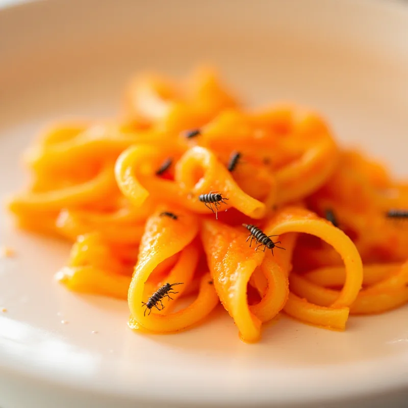 Close-up of tomato pasta with visible larvae, emphasizing the food safety issue.