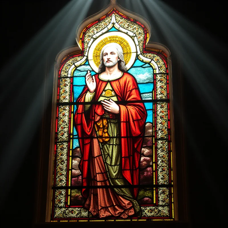 A stained glass window depicting a saint, with light streaming through.