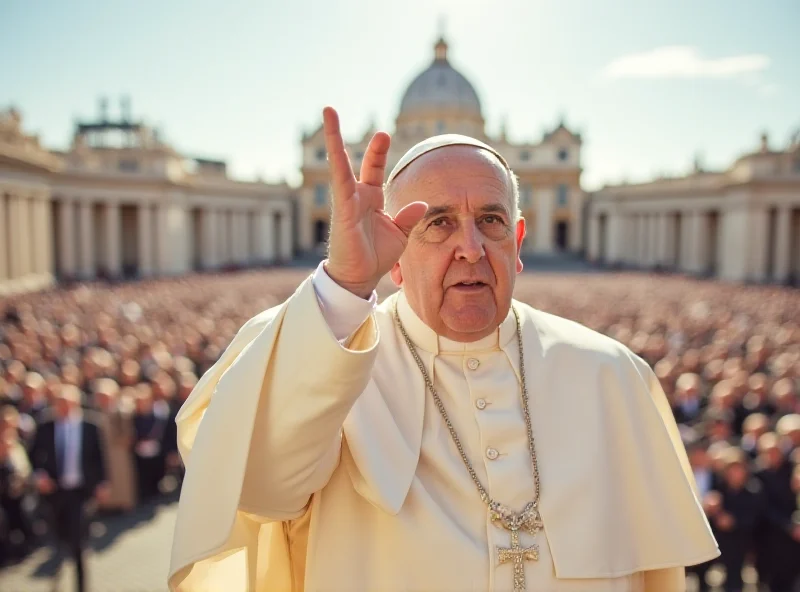 Pope Francis in a public appearance, looking slightly frail but smiling and waving to a crowd. The background shows St. Peter's Square.