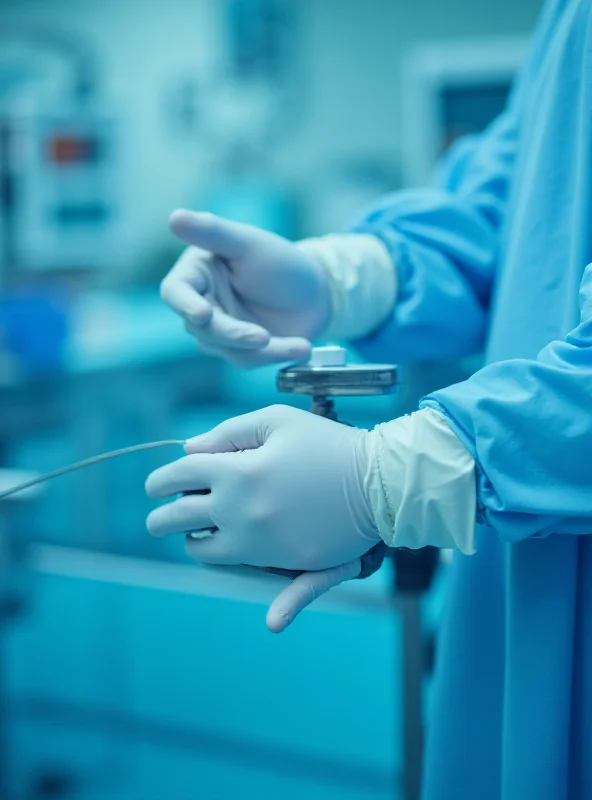 Close-up of a doctor's hands adjusting medical equipment, with a blurred background of a hospital room. The focus is on the precise and careful movements.