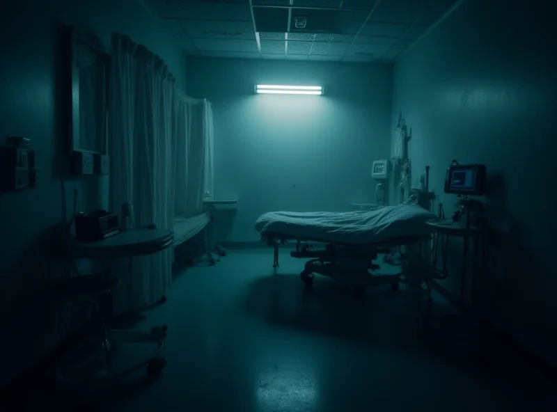 A dimly lit interior shot of a hospital room, showing a bed with medical equipment surrounding it. The scene is quiet and suggests a sense of anticipation and concern.