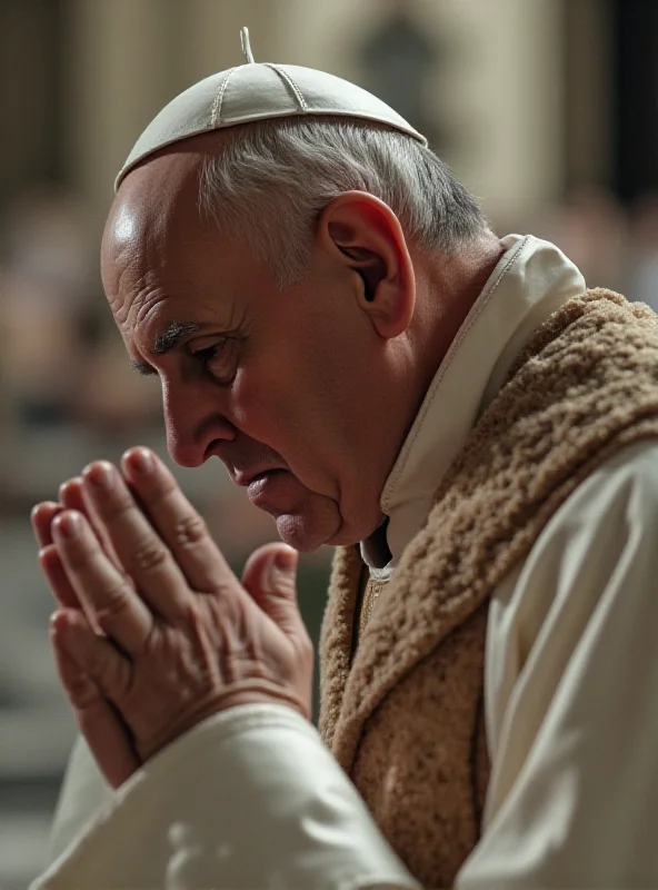 Pope Francis in prayer, looking concerned.